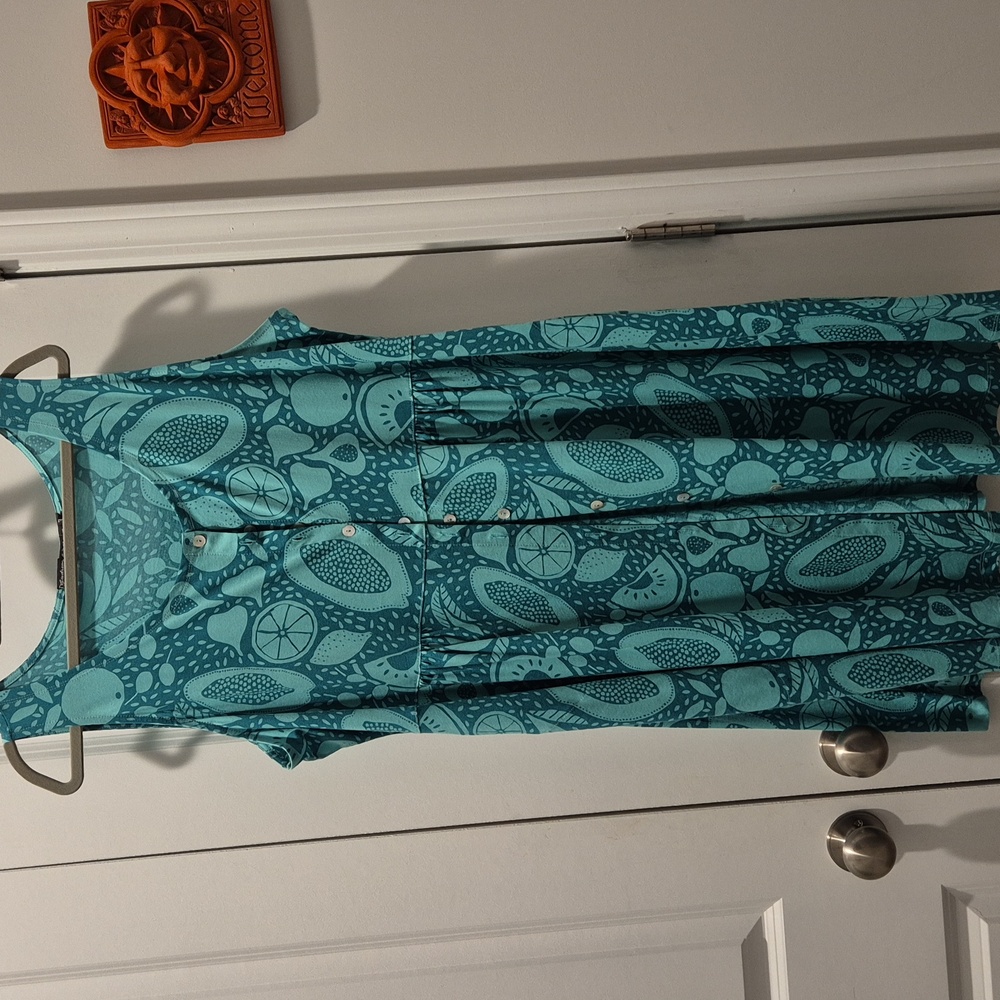 GUDRUN SJODEN Midi Sun Dress/Vest Turquoise Sleeveless Pattern
